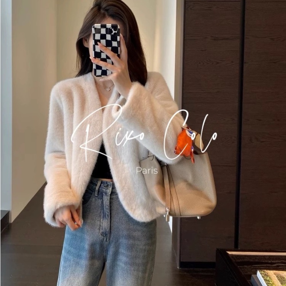 Cream Fuzzy Open-Front faux fur warm Coat jacket